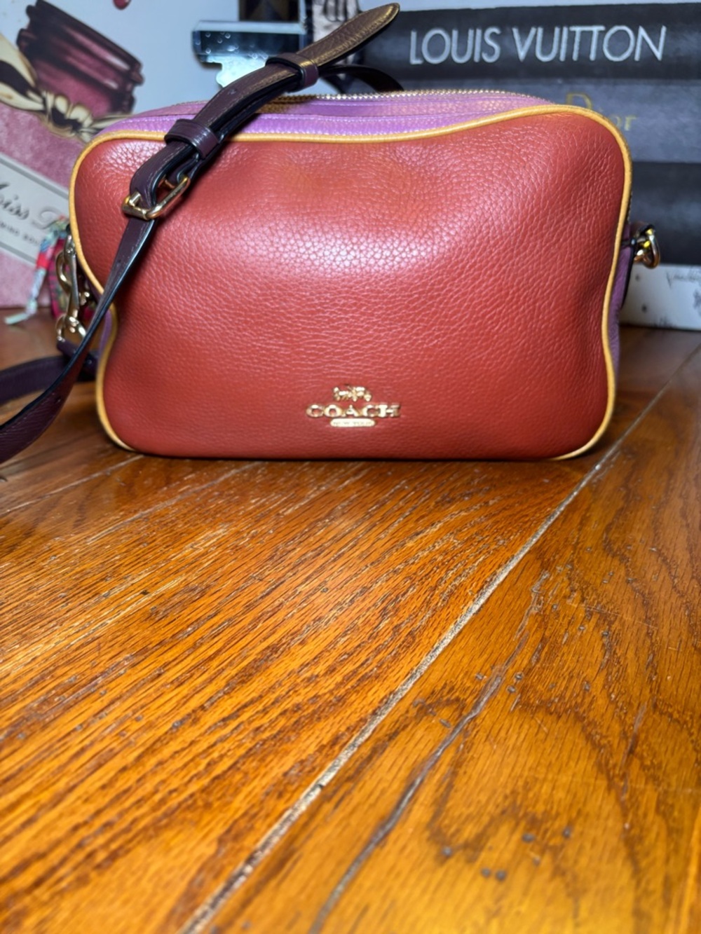 Coach Colorblock Pebbled Leather Crossbody Camera Bag Burgundy Purple Mustard